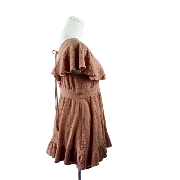 Showpo Terracotta Brown Ruffle Mini Dress AU 10 US 6 Cotton Tie Back Deep V Neck - Picture 2 of 10